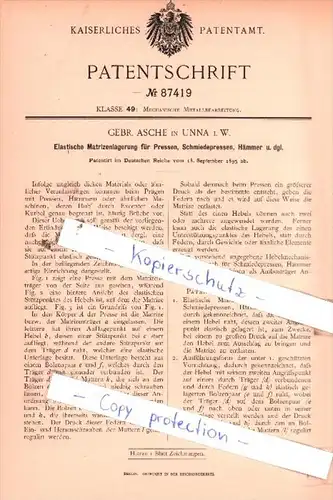 Original Patent  - Gebr. Asche in Unna i. W. , 1895 , Mechanische Metallbearbeitung !!!