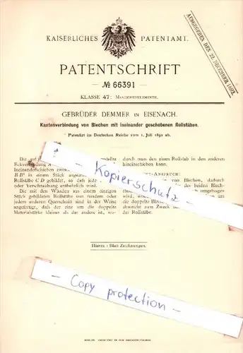 Original Patent  - Gebrüder Demmer in Eisenach 1892 , Maschinenelemente !!!