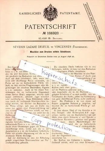 Original Patent  - Sèverin Lazare Deleuil in Vincennes , Frankreich , 1898 , Druckerei !!!