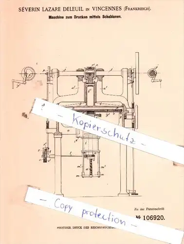 Original Patent  - Sèverin Lazare Deleuil in Vincennes , Frankreich , 1898 , Druckerei !!!