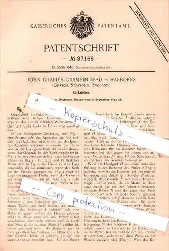 Original Patent  - John Charles Crampin Read in Harborne , 1895 , Korkzieher !!!