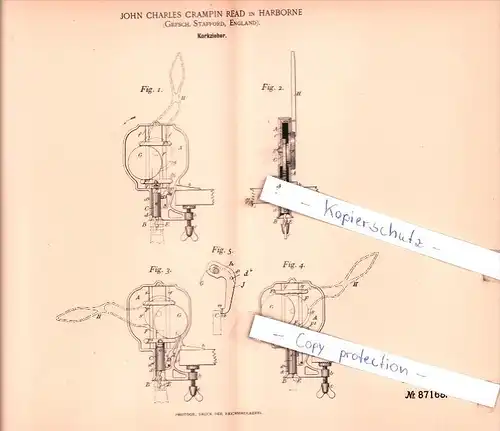 Original Patent  - John Charles Crampin Read in Harborne , 1895 , Korkzieher !!!