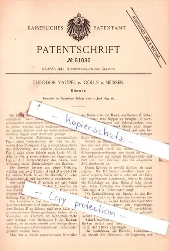 Original Patent  - Theodor Vaupel in Cölln b. Meissen , 1894 , Eieruhr !!!