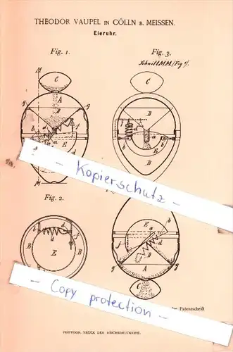 Original Patent  - Theodor Vaupel in Cölln b. Meissen , 1894 , Eieruhr !!!