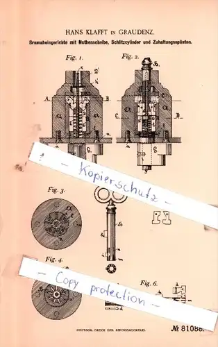 Original Patent  - Hans Klafft in Graudenz , 1894 , Schlosserei !!!