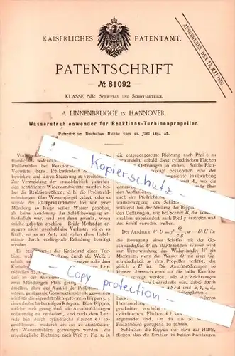 Original Patent  - A. Linnenbrügge in Hannover , 1894 , Schiffsbau und Schiffsbetrieb !!!