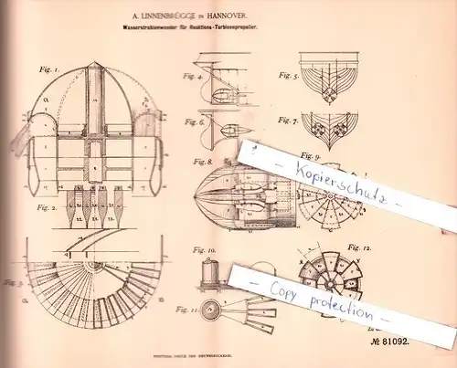 Original Patent  - A. Linnenbrügge in Hannover , 1894 , Schiffsbau und Schiffsbetrieb !!!