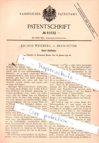 Original Patent  - Eduard Weinberg in Neustettin , 1893 , Hebel-Zapfhahn !!!