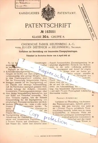 Original Patent  - Chemische Fabrik Helfenberg A.-G. , 1905 , Herstellung von Eisenpeptonsirupen !!!