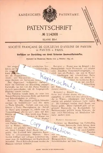 Original Patent  - Sociètè Francaise de Couleurs D`aniline de Pantin in Pantin b. Paris , 1899 , !!!