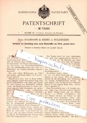 Original Patent  - Firma Haarmann & Reimer in Holzminden , 1893 , Riechstoff aus Citral !!!