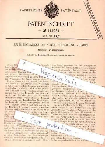 Original Patent  - Jules und Albert Niclausse in Paris , 1898 , Fieldrohr für Dampfkessel !!!