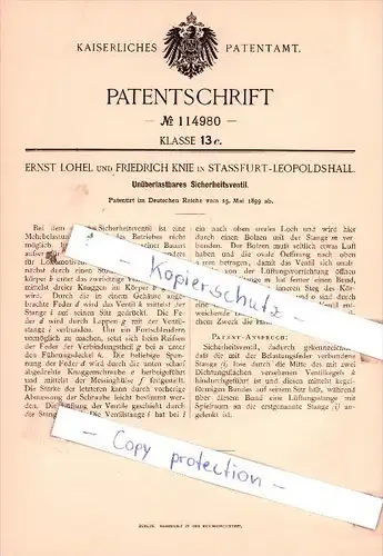 Original Patent  - E. Lohel und F. Knie in Stassfurt-Leopoldshall , 1899 , Sicherheitsventil !!!