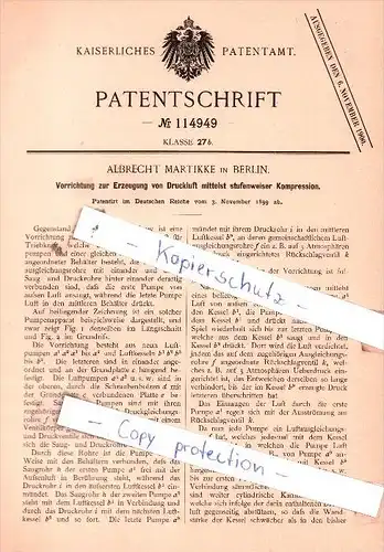 Original Patent  -  Albrecht Martikke in Berlin , 1899 , Erzeugung von Druckluft !!!