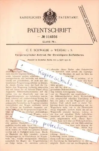 Original Patent  -  C. E. Schwalbe in Werdau i. S. , 1900 , Vorgarncylinder-Antrieb !!!