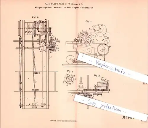 Original Patent  -  C. E. Schwalbe in Werdau i. S. , 1900 , Vorgarncylinder-Antrieb !!!