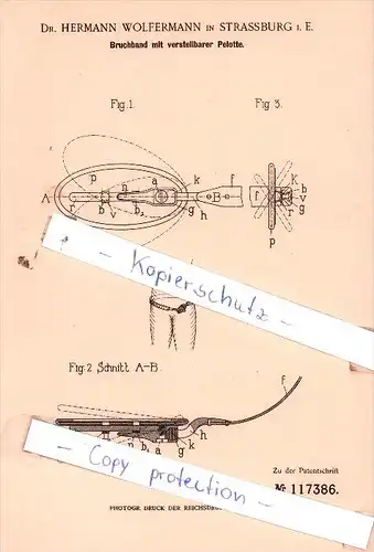 Original Patent  - Dr. Hermann Wolfermann in Strassburg i. E. , 1900 , Bruchband mit Pelotte !!!