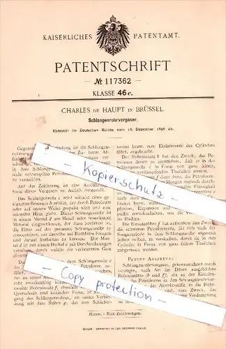 Original Patent  - Charles de Haupt in Brüssel , 1898 , Schlangenrohrvergaser !!!
