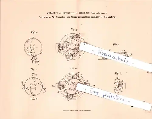 Original Patent  -  C. de Rossetti in Roubaix , Nord-Frankr. , 1900 , Ringzwirnmaschinen !!!