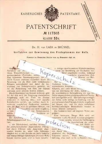 Original Patent  - Dr.H. van Laer in Brüssel , 1898 , Gewinnung des Protoplasmas der Hefe !!!