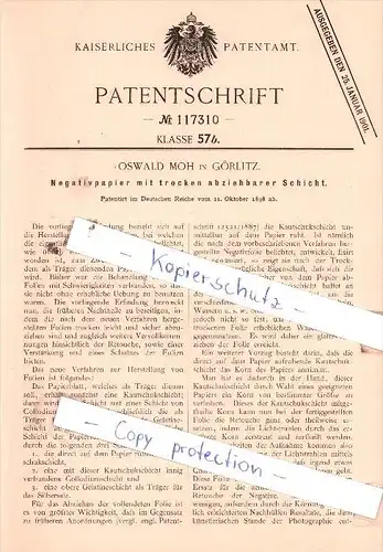 Original Patent  - Oswald Moh in Görlitz , 1898 , Negativpapier mit trocken abziehbarer Schicht !!!