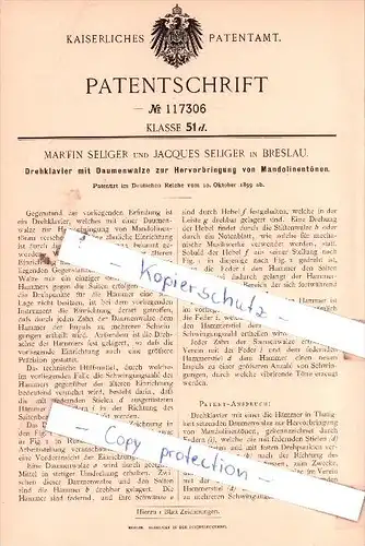 Original Patent  - Martin und Jacques Seliger in Breslau , 1899 , Drehklavier mit Daumenwalze , Klavier !!!