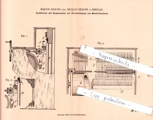 Original Patent  - Martin und Jacques Seliger in Breslau , 1899 , Drehklavier mit Daumenwalze , Klavier !!!
