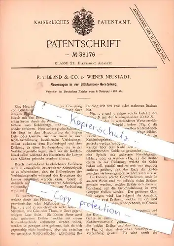 Original Patent  -  R. v. Bernd & Co. in Wiener Neustadt , 1886 , Glühlampen-Herstellung !!!
