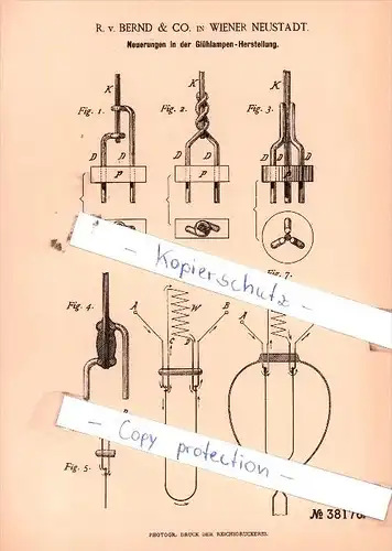 Original Patent  -  R. v. Bernd & Co. in Wiener Neustadt , 1886 , Glühlampen-Herstellung !!!