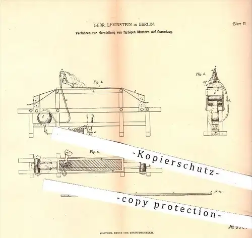 original Patent - Gebr. Levinstein in Berlin , 1879 , Herstellung von farbigen Mustern auf Gummizug , Gummi , Färben !!!