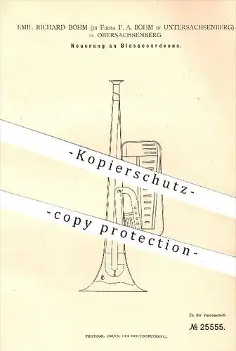 original Patent - Emil R. Böhm in Obersachsenberg , Untersachsenberg , 1883 , Blasakkordeon , Akkordeon , Musik !!!