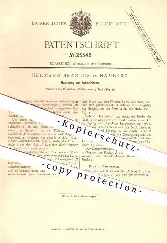 original Patent - Hermann Brandes in Hamburg , 1883 , Korkenzieher , Korken , Flaschen , Wein , Haushalt , Werkzeug !!!