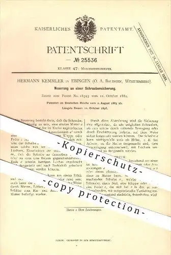original Patent - Hermann Kemmler in Ebingen , 1883 , Schraubensicherung , Schraube , Schrauben , Mutter , Werkzeug !!