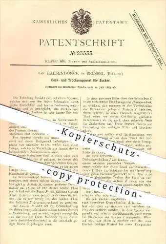 original Patent - Van Haesendonck in Brüssel , Belgien , 1883 , Deck- und Trockenapparat für Zucker , Zuckerfabrik !!!