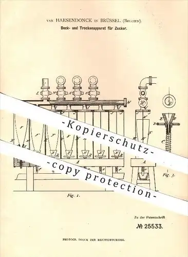 original Patent - Van Haesendonck in Brüssel , Belgien , 1883 , Deck- und Trockenapparat für Zucker , Zuckerfabrik !!!