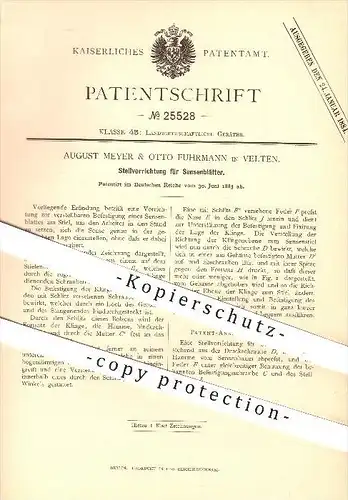 original Patent - A. Meyer & Otto Fuhrmann , Velten , 1883 , Stellvorrichtung für Sensenblätter , Sense , Landwirtschaft