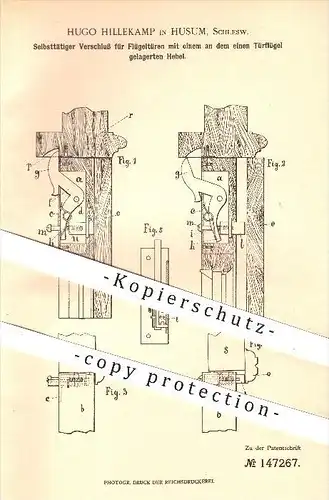 original Patent - Hugo Hillekamp , Husum , 1902 , Verschluß für Flügeltüren , Tür , Türen , Türschloss , Schloss !!!