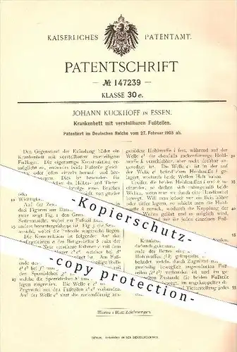 original Patent - Johann Kuckhoff in Essen , 1903 , Krankenbett mit verstellbarem Fußteil , Bett , Krankenpflege , Möbel