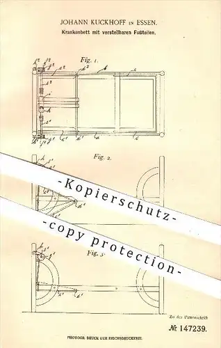 original Patent - Johann Kuckhoff in Essen , 1903 , Krankenbett mit verstellbarem Fußteil , Bett , Krankenpflege , Möbel