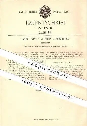 original Patent - J. C. Grüninger & Sohn in Augsburg , 1902 , Hosenträger , Hose , Hosen , Bekleidung , Kleidung , Mode