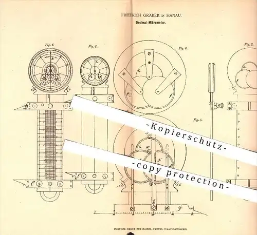 original Patent - Friedrich Gräber in Hanau , 1878 , Dezimal - Mikrometer , Maß , Längenmaß , Messen , Meter , Länge !!!