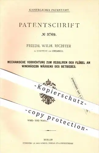 original Patent - Friedr. Wilh. Richter in Harthau bei Chemnitz , 1878 , Regulierung der Flügel am Windrad , Windkraft !