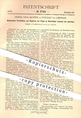 original Patent - Friedr. Wilh. Richter in Harthau bei Chemnitz , 1878 , Regulierung der Flügel am Windrad , Windkraft !