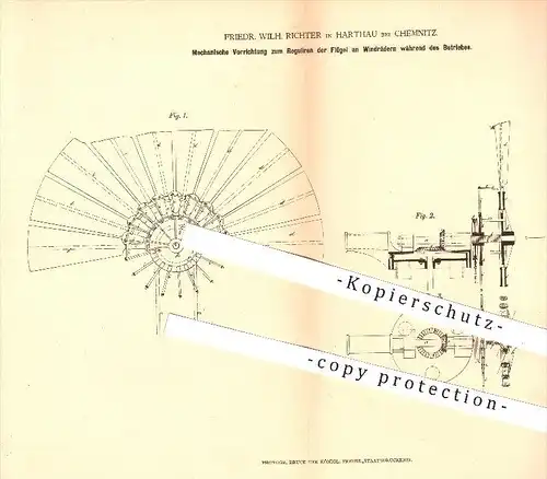 original Patent - Friedr. Wilh. Richter in Harthau bei Chemnitz , 1878 , Regulierung der Flügel am Windrad , Windkraft !