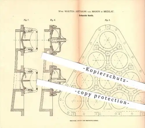 original Patent - Wwe. Martha Amtmann geb. Mason in Breslau , 1878 , Entlastete Ventile , Ventil , Maschinen , Pumpen !!