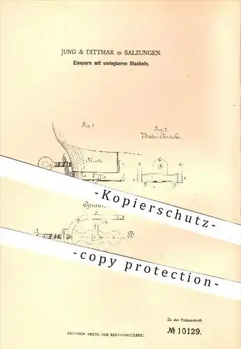 original Patent - Jung & Dittmar in Salzungen , 1880 , Eissporn mit umlegbaren Stacheln , Sporn , Schuhe , Stiefel !!!