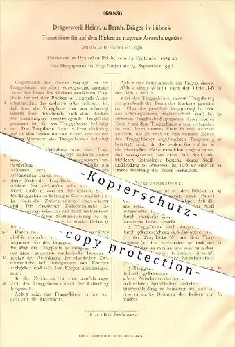 original Patent - Drägerwerk Heinr. & Bernh. Dräger in Lübeck , 1932 , Traggehäuse für Atemschutzgeräte , Rucksack !!!