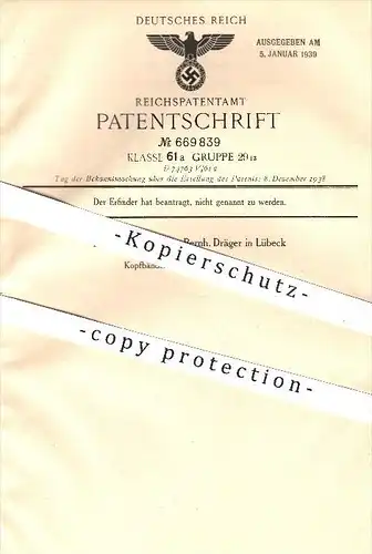 original Patent - Drägerwerk Heinr. & Bernh. Dräger in Lübeck , 1936 , Kopfbänder für Gasschutzmasken , Gas , Gasmaske !