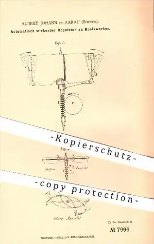 original Patent - Albert Johann , Aarau , Schweiz , 1879 , Regulator am Musikwerk , Spieluhr , Musik , Musikinstrument