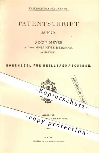 original Patent - Adolf Meyer & Beenhase in Lüneburg , 1879 , Rohrhebel für Drillsäemaschinen , Drillen , Landwirtschaft